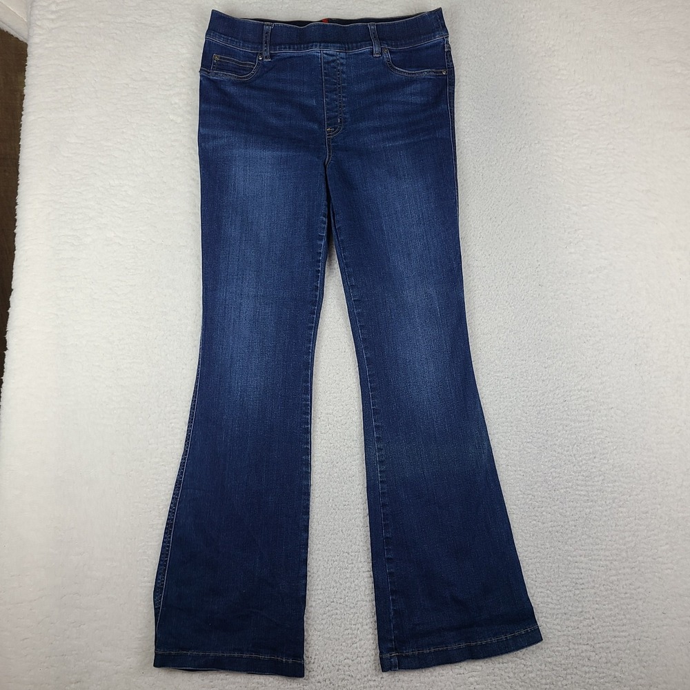 SPANX Pull On Jeans Womens XL Blue Boot Cut Flare Leg Dark Wash Denim *